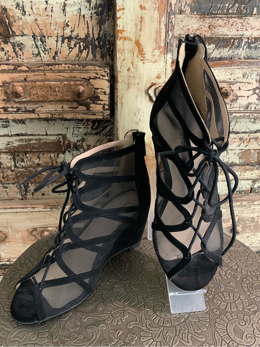 Torrid Black Mesh Scalloped Lace-Up Mini Wedge Heels, Strappy, 9 WW/Wide Width